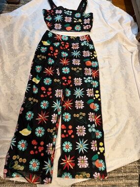 STAUD Floral Embroidered Crop Top & Wide-Leg Pants Set Black Multicolor